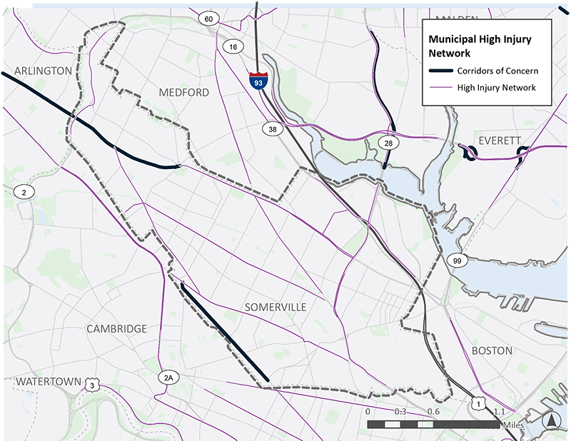 Figure 1.9: A A map of Somerville, MA, a highly urban area of the region. Broadway and Beacon Street are highlighted as corridors of concern. Multiple roads, including Route 2A, Route 28, Highland Avenue, Somerville Avenue, and Medford Street are shown as high-injury network locations.